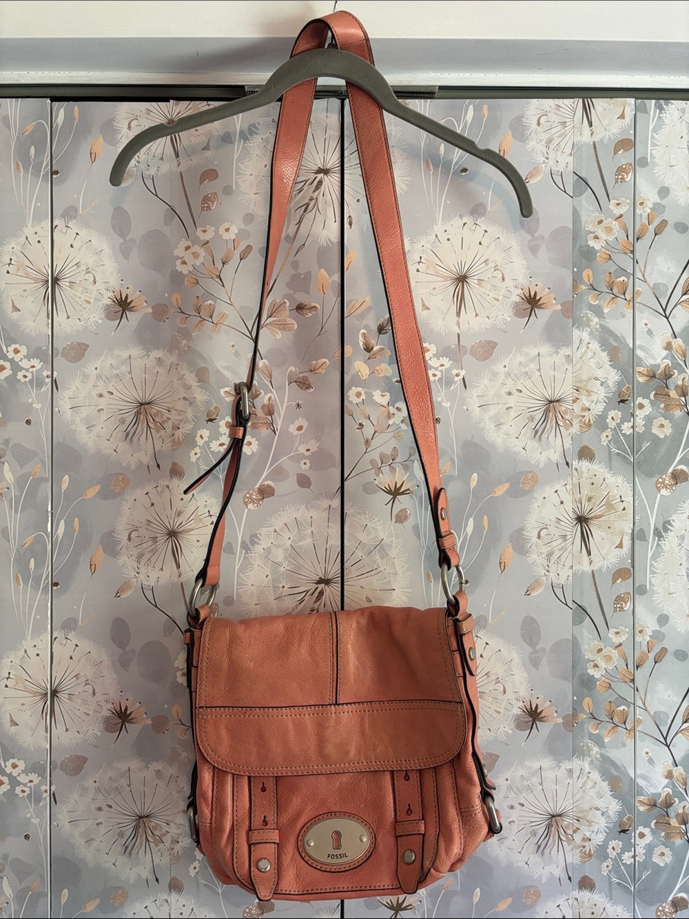 Fossil Salmon Pink Leather Maddox Flap Crossbody Bag
